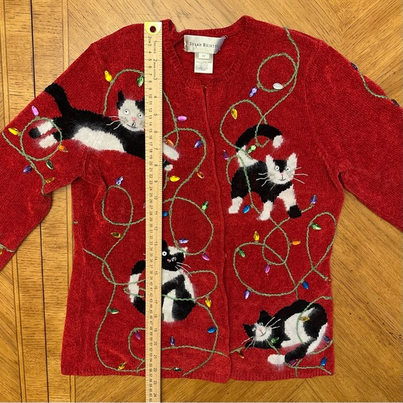 Vintage Susan Bristol Sweater Cats Christmas Cardigan Button Up Women’s Medium - Picture 8 of 12